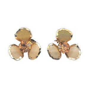 Vintage Mesh and Chaton Earrings, Gold Tone with Smokey Topaz Crystal Stone